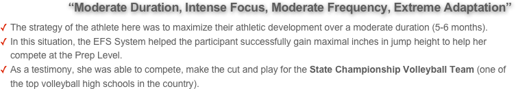         “Moderate Duration, Intense Focus, Moderate Frequency, Extreme Adaptation”  
The strategy of the athlete here was to maximize their athletic development over a moderate duration (5-6 months). 
In this situation, the EFS System helped the participant successfully gain maximal inches in jump height to help her compete at the Prep Level. 
As a testimony, she was able to compete, make the cut and play for the State Championship Volleyball Team (one of the top volleyball high schools in the country).