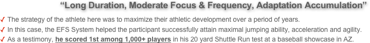            “Long Duration, Moderate Focus & Frequency, Adaptation Accumulation” 
The strategy of the athlete here was to maximize their athletic development over a period of years. 
In this case, the EFS System helped the participant successfully attain maximal jumping ability, acceleration and agility. 
As a testimony, he scored 1st among 1,000+ players in his 20 yard Shuttle Run test at a baseball showcase in AZ.