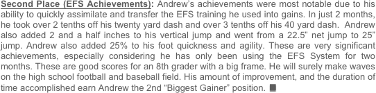 Second Place (EFS Achievements): Andrew’s achievements were most notable due to his ability to quickly assimilate and transfer the EFS training he used into gains. In just 2 months, he took over 2 tenths off his twenty yard dash and over 3 tenths off his 40 yard dash.  Andrew also added 2 and a half inches to his vertical jump and went from a 22.5” net jump to 25” jump. Andrew also added 25% to his foot quickness and agility. These are very significant achievements, especially considering he has only been using the EFS System for two months. These are good scores for an 8th grader with a big frame. He will surely make waves on the high school football and baseball field. His amount of improvement, and the duration of time accomplished earn Andrew the 2nd “Biggest Gainer” position.n

